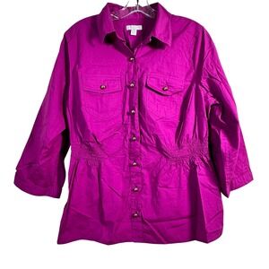 Charter Club Woman Magenta Smocked Waist‎ Button Down Top 16W Pink Gold Buttons